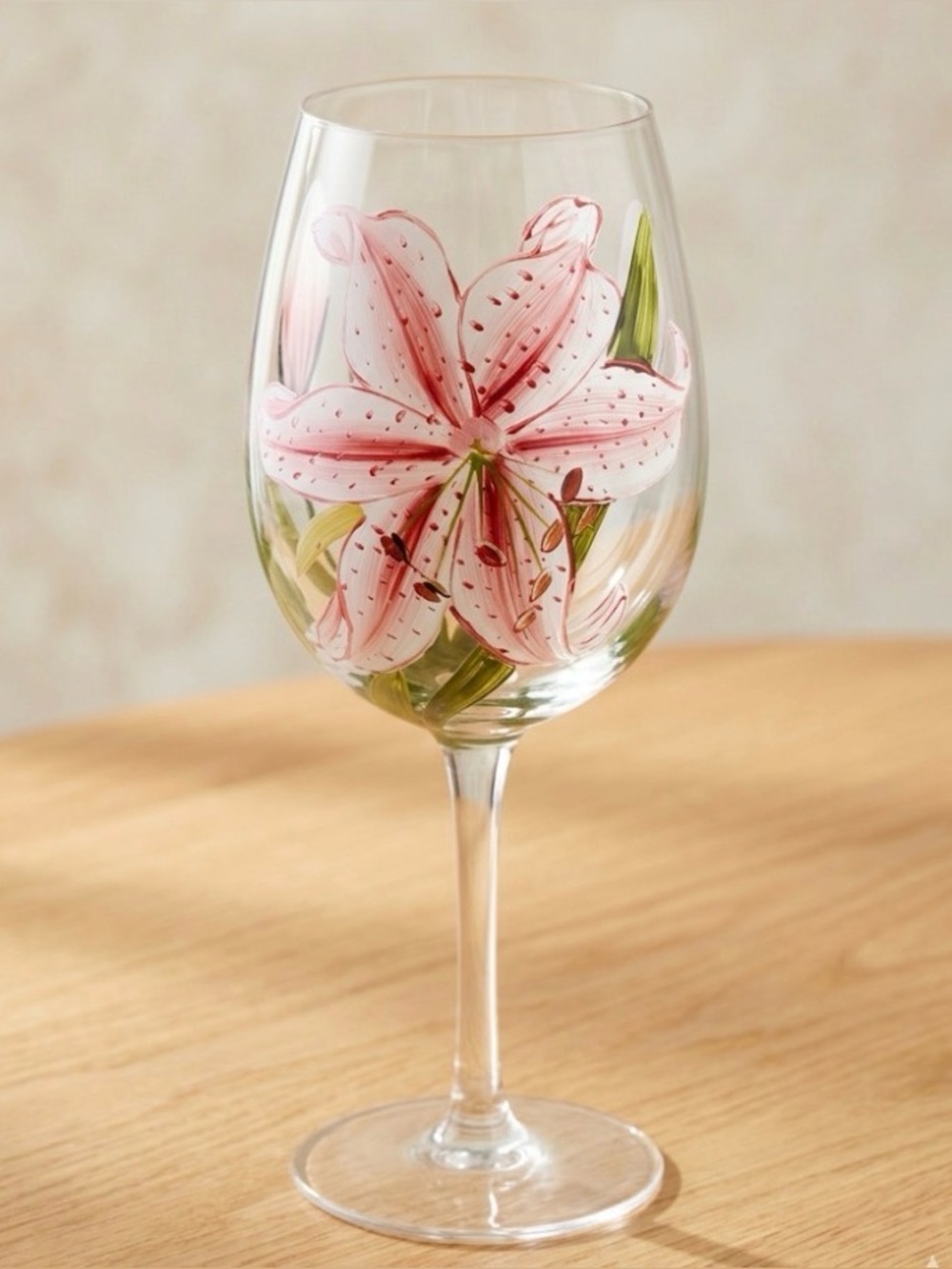 Hand-Painted Pink Stargazer Lily Wine Glass